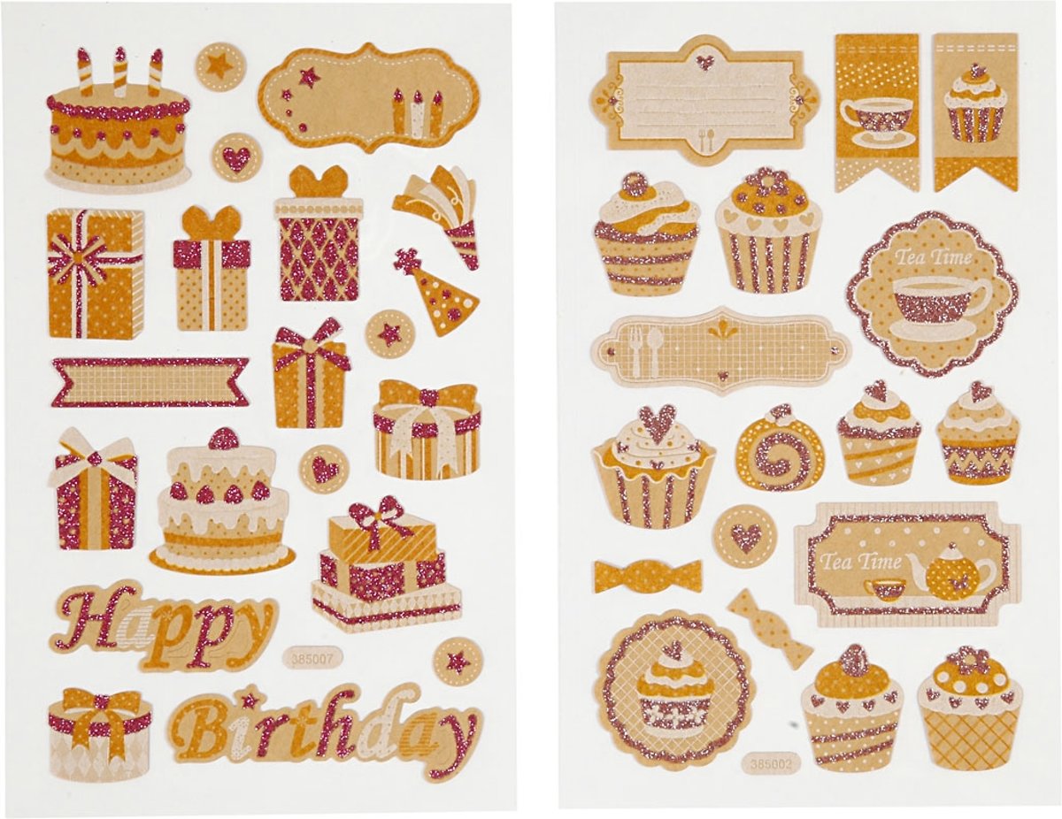 Stickers, vel 10x16 cm, verjaardag en cupcakes, 4vellen [HOB-29103]